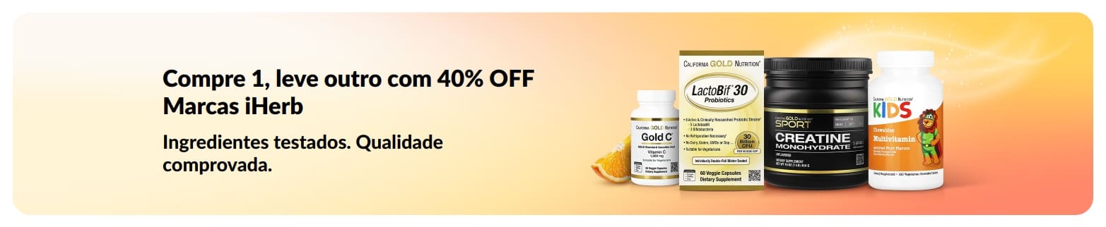 ​Compre 1, leve outro com 40% OFF em marcas iHerb com produtos, promovendo qualidade confiável e ingredientes testados.