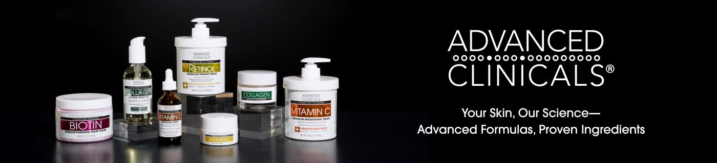 Advanced Clinicals products shown beside brand name and tagline: 'Your Skin, Our Science—Advanced Formulas, Proven Ingredients.