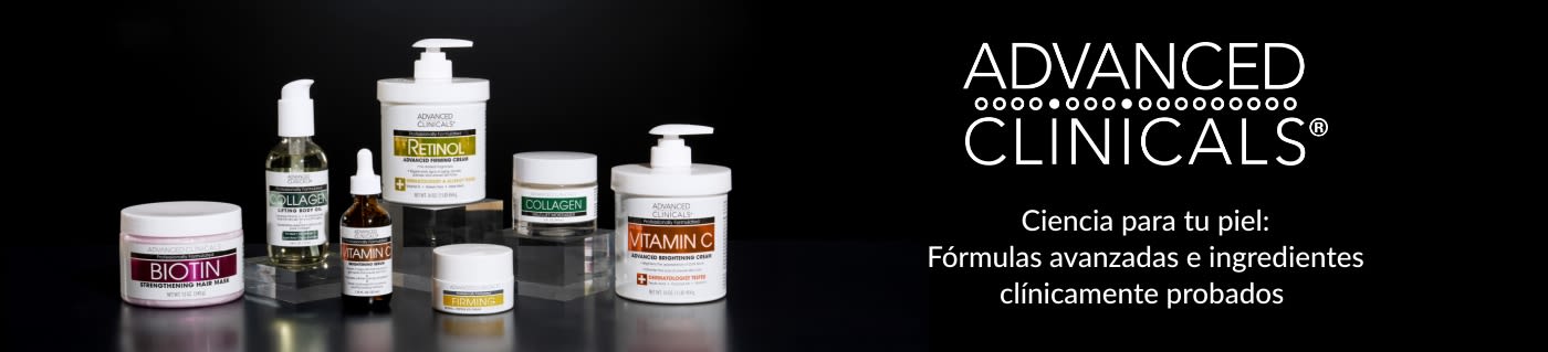 Productos Advanced Clinicals junto al nombre y eslogan de la marca: 'Ciencia para tu piel: Fórmulas avanzadas e ingredientes clínicamente probados'.