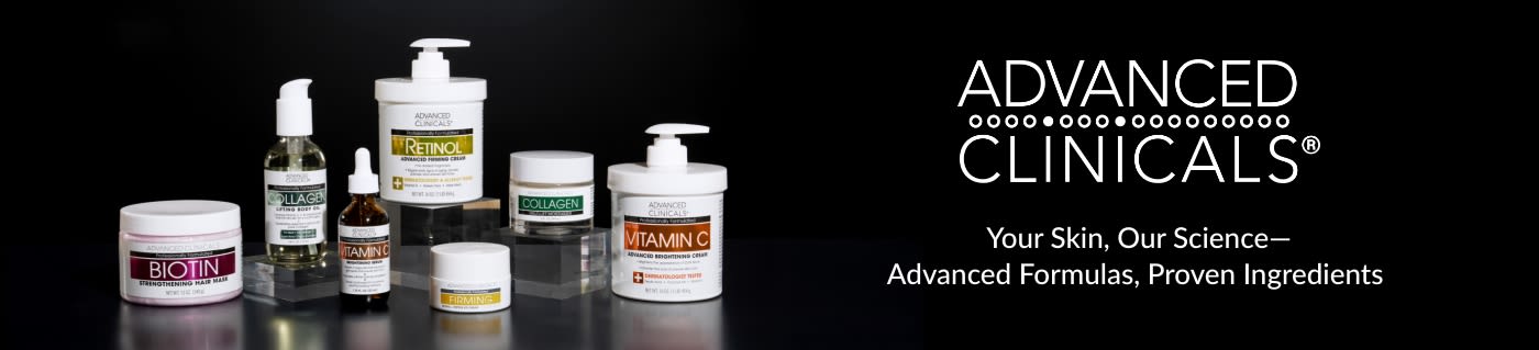 Advanced Clinicals products shown beside brand name and tagline: 'Your Skin, Our Science—Advanced Formulas, Proven Ingredients.