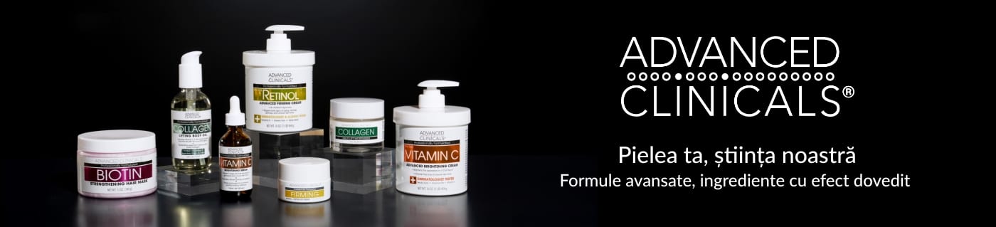 Produse Advanced Clinicals cu sloganul: Pielea ta, știința noastră - Formule avansate, ingrediente cu efect dovedit.