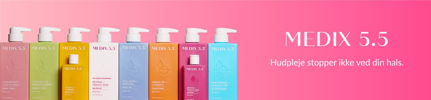 Medix 5.5-banner med farverige flasker på lyserødt med teksten 