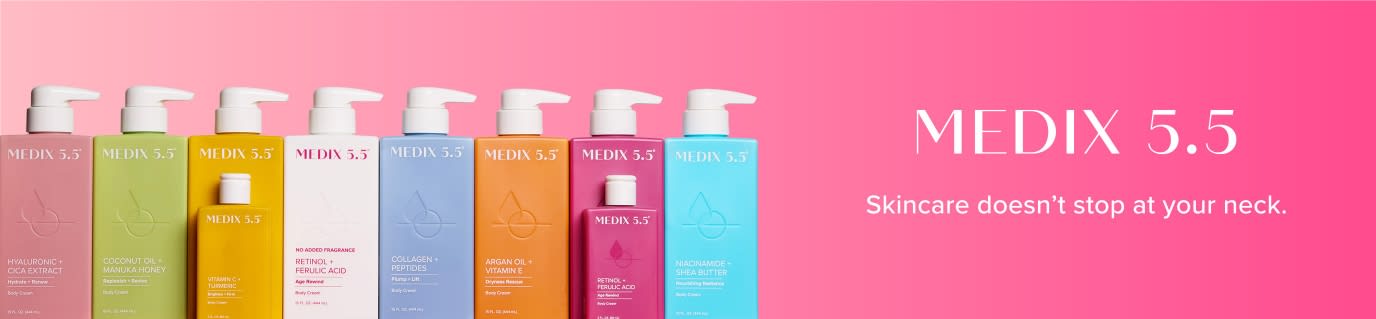 Medix 5.5 banner featuring colorful bottles on pink with text, 