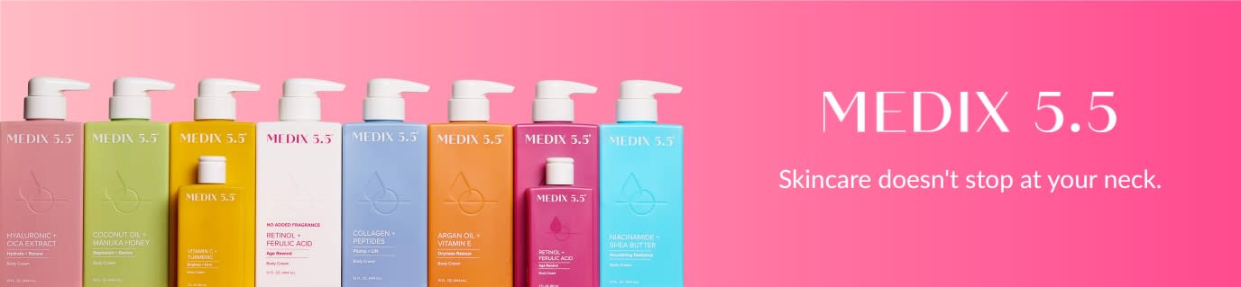 Medix 5.5 banner featuring colorful bottles on pink with text, 