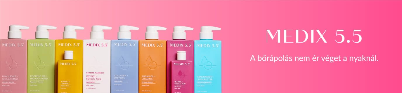 Medix 5.5 banner színes flakonokkal rózsaszín háttéren, a következő felirattal: „A bőrápolás nem ér véget a nyaknál.”