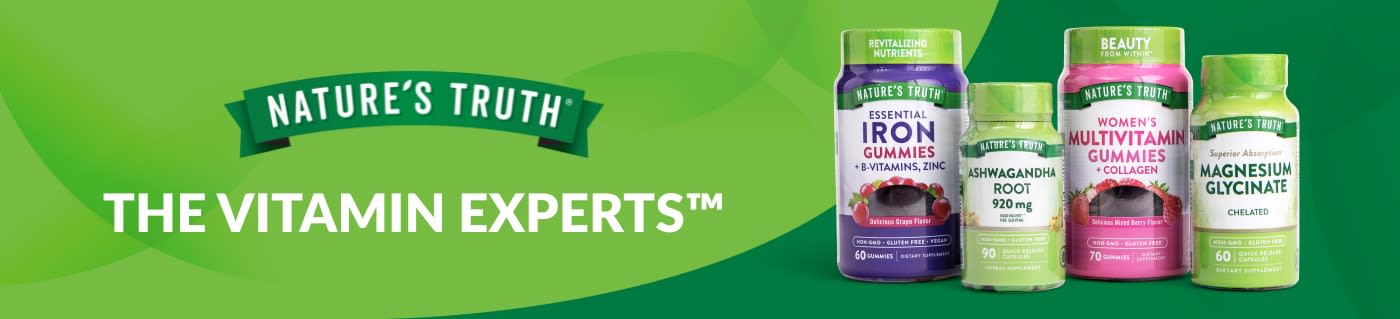 Kjøp vitaminer og kosttilskudd fra Nature's Truth, inkludert multivitamin-gummies, jern, magnesium, ashwagandha og mer.