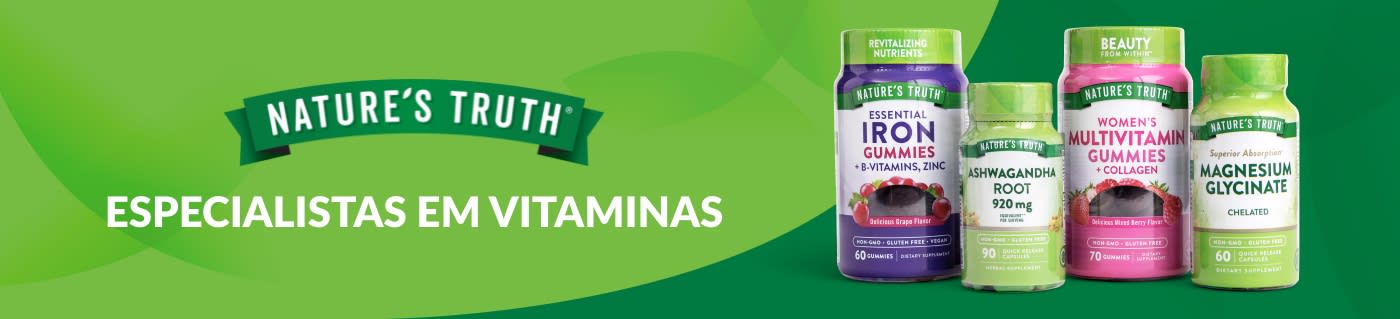 Compre vitaminas e suplementos Nature’s Truth, incluindo gominhas de multivitamínico, ferro, magnésio, ashwagandha e muito mais.