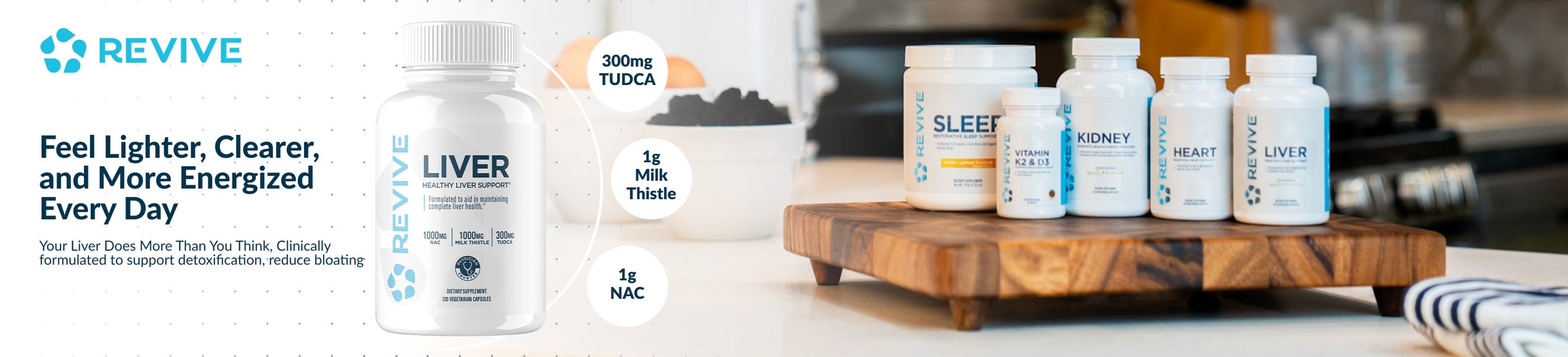 Revive brand banner featuring health support supplements for daily wellness.