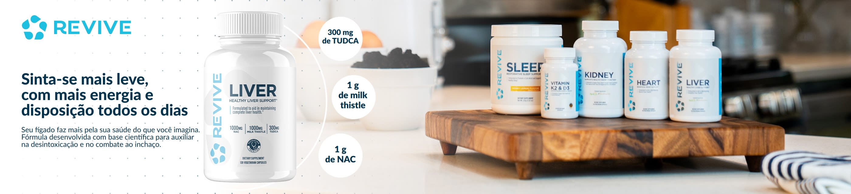 Revive brand banner featuring health support supplements for daily wellness.