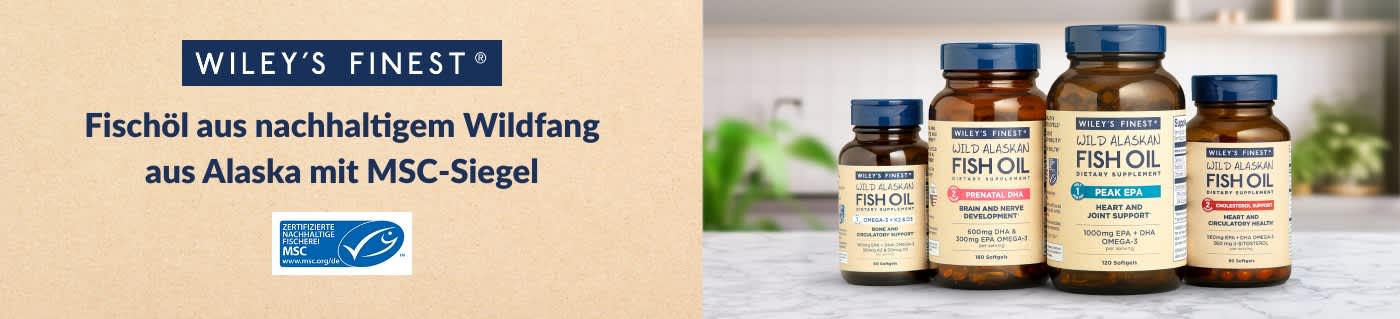 Beste Wildfischöl-Nahrungsergänzungsmittel aus Alaska von Wiley's Finest, MSC-zertifiziert und aus nachhaltiger Fischerei.