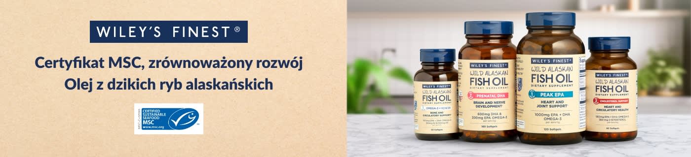 Kup suplementy Wiley’s Finest Wild Alaskan Fish Oil, certyfikowane przez MSC i pozyskiwane w sposób zrównoważony.