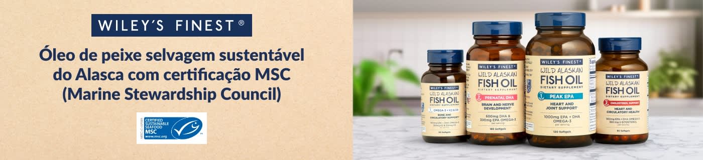 Compre suplementos de óleo de peixe do Alasca Wiley’s Finest, com certificação MSC e origem sustentável.