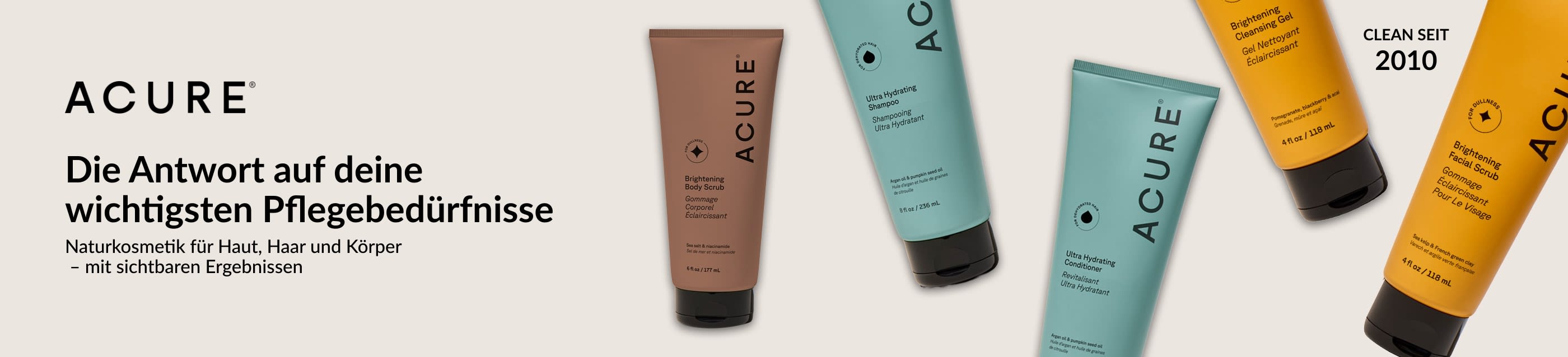 Banner mit Haut- und Haarpflegeprodukten von Acure mit der Botschaft von reiner, effektiver Kosmetik.