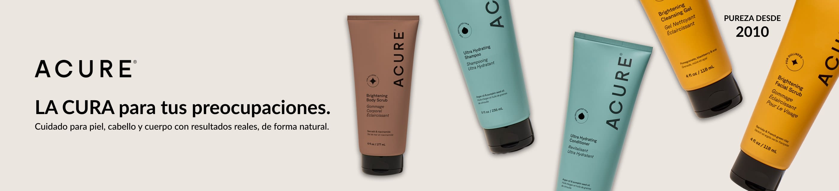 Banner de productos Acure para el cuidado de la piel y el cabello con un mensaje sobre belleza eficaz y natural.