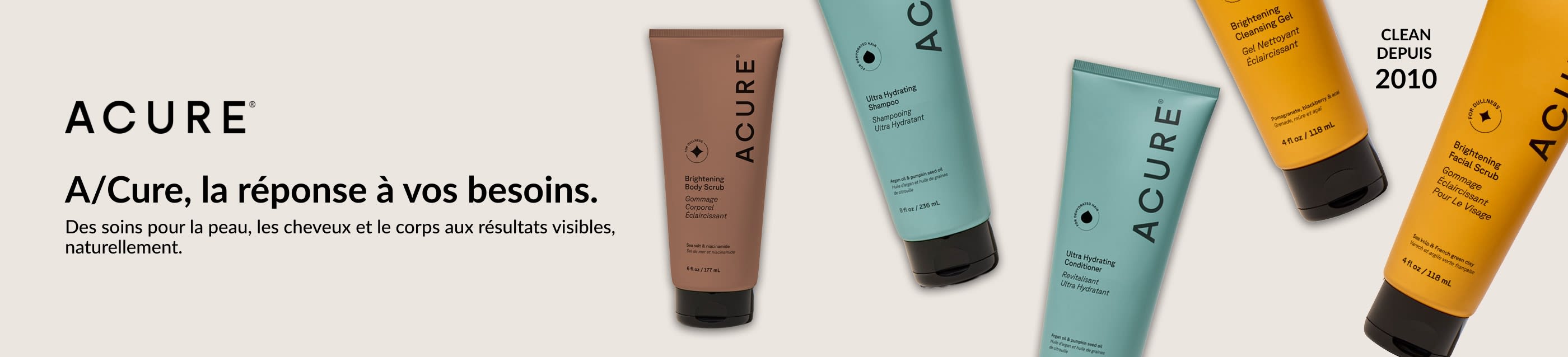 Bannière présentant les produits de soins peau et cheveux Acure, avec un message sur une beauté propre et efficace.