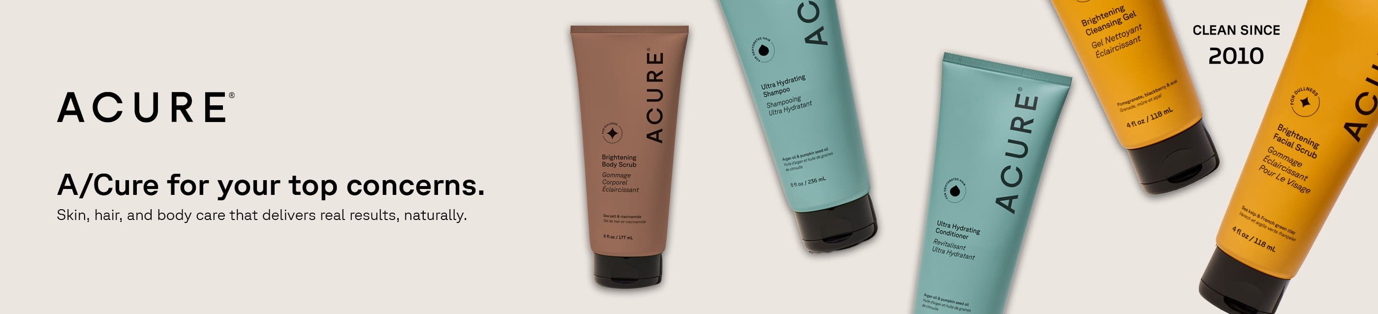 Banner showing Acure skincare and haircare products with message about clean, effective beauty.