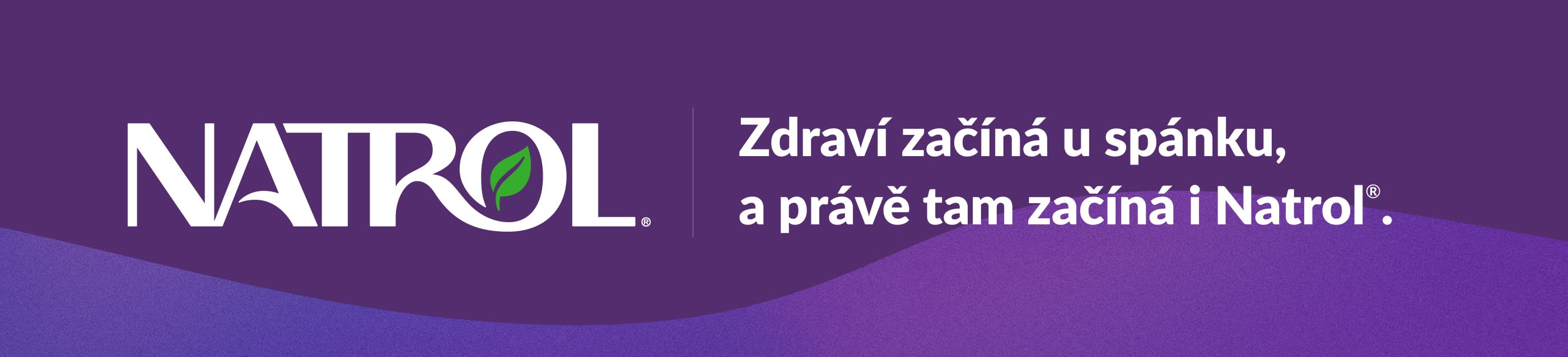 Logo značky Natrol na fialovém pozadí se sloganem: Zdraví začíná u spánku, a právě tam začíná i Natrol®.