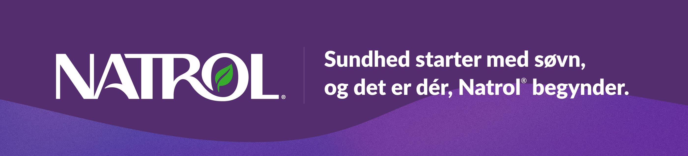 Natrol-logo på lilla baggrund med sloganet: Søvn er der, hvor sundhed begynder, og det er der, Natrol® starter.