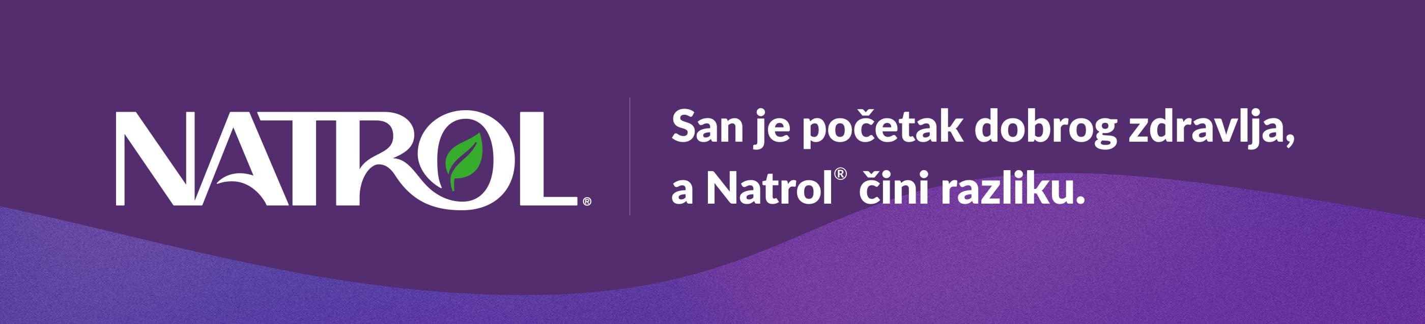 Natrol logo na ljubičastoj pozadini sa sloganom: „San je početak dobrog zdravlja, a Natrol®  čini razliku.”