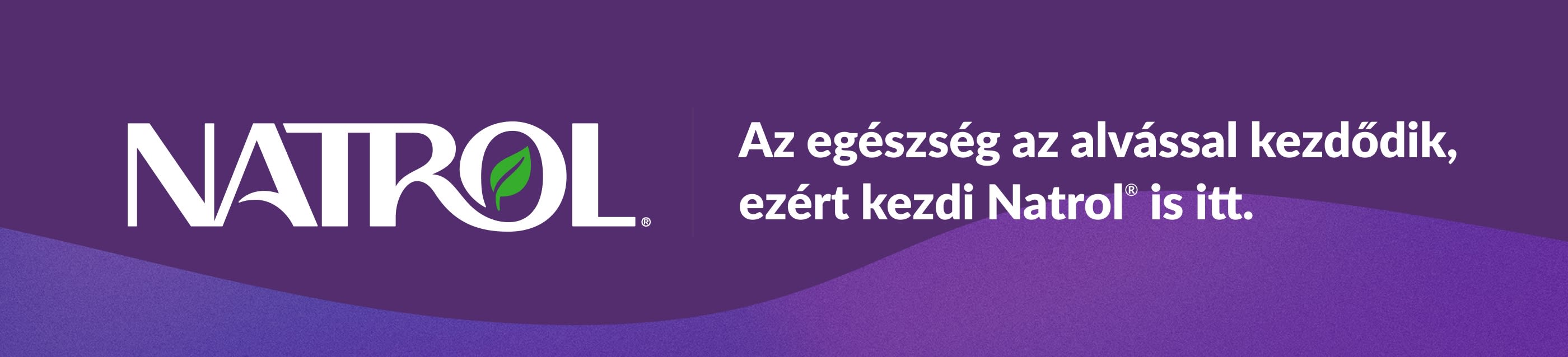 Natrol logó lila háttérrel és szlogennel: Az egészség az alvással kezdődik, ezért kezdi Natrol® is itt.