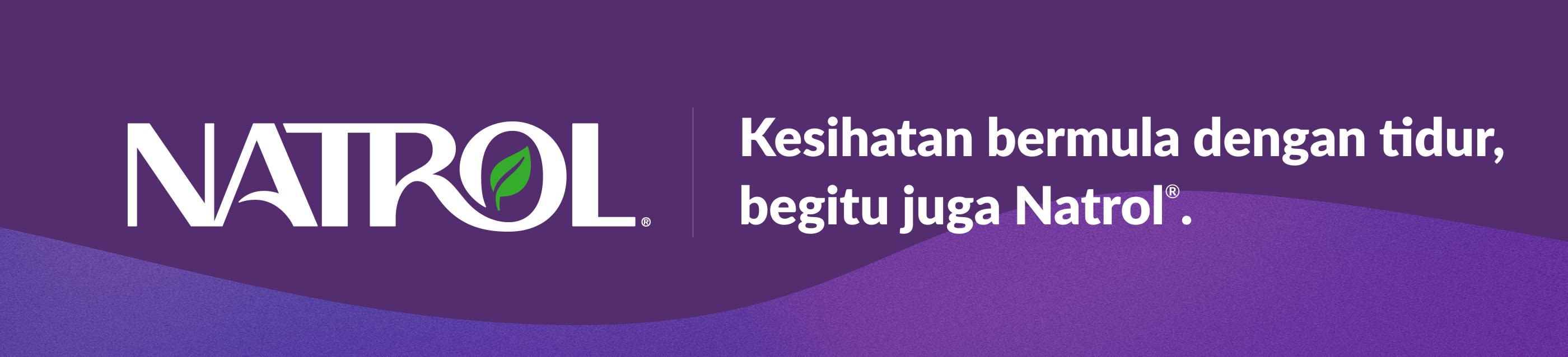 Logo Natrol pada latar ungu dengan slogan: Kesihatan bermula dengan tidur, begitu juga Natrol®.