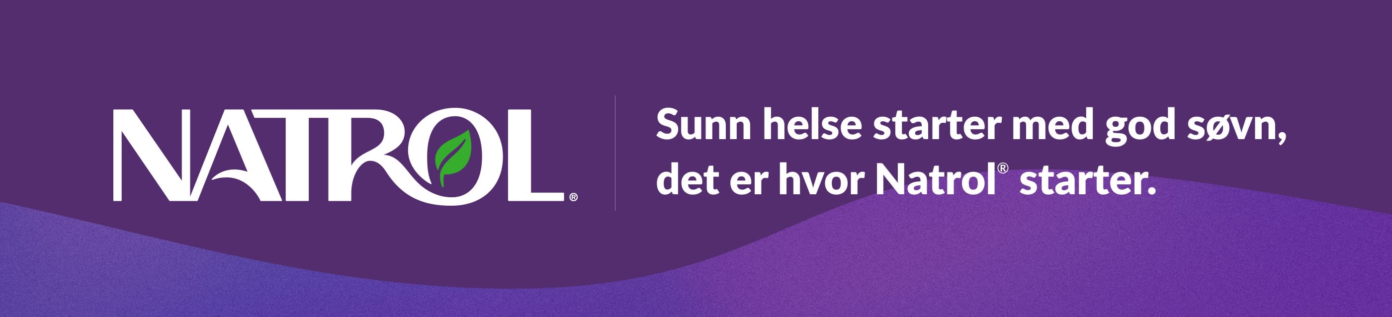 Natrol-logo på lilla bakgrunn med slagordet: Søvn er der helsen begynner, så det er der Natrol® starter.