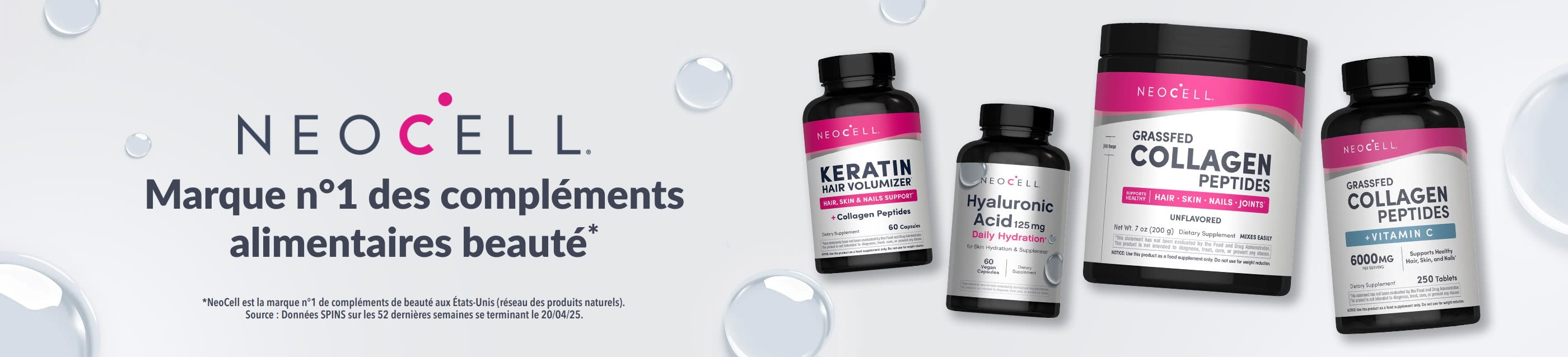 Découvrez les compléments de beauté NeoCell : Volumateur capillaire à la kératine, Acide hyaluronique, Peptides de collagène issu de bovins nourris à l'herbe et plus encore.