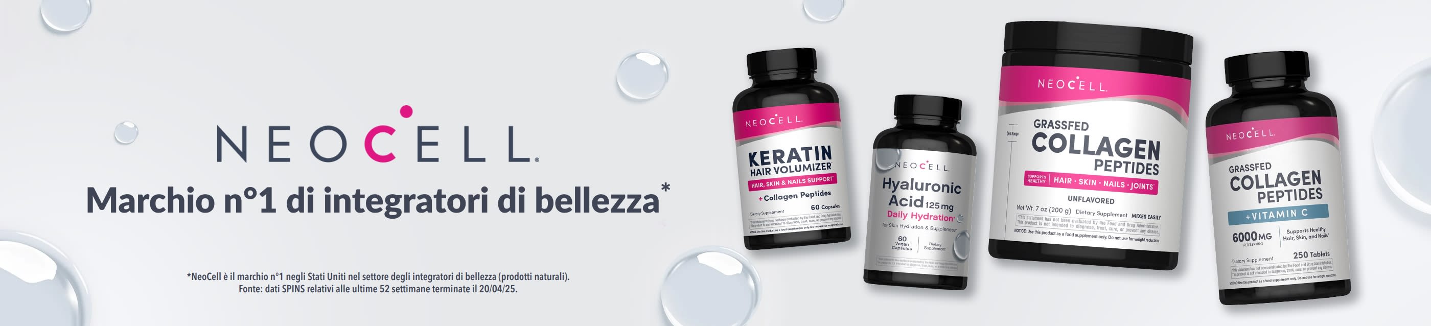 Acquista gli integratori di bellezza NeoCell: Keratin Hair Volumizer, acido ialuronico, peptidi di collagene da bovini al pascolo e molto altro.