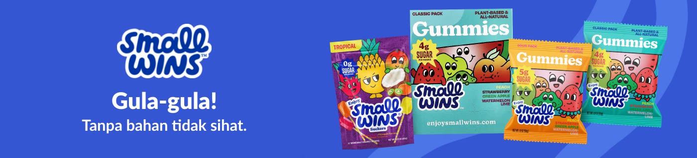 Beli gula-gula dan gummy Small Wins yang dibuat dengan perisa buah-buahan dan bahan organik berasaskan tumbuhan.