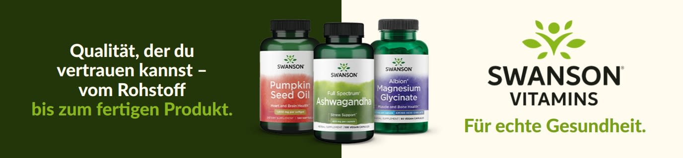 Nahrungsergänzungsmittel von Swanson Vitamins, darunter Kürbiskernöl, Ashwagandha und Magnesiumglycinat, mit Branding für Gesundheit.