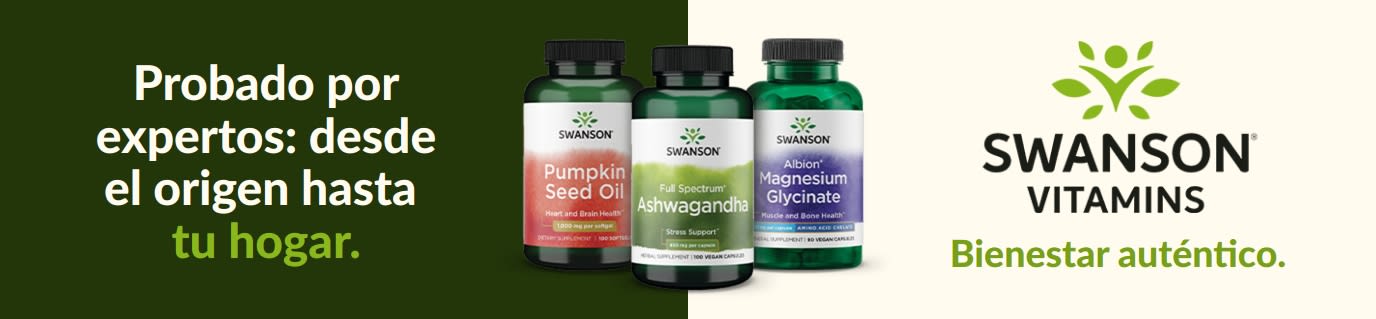Suplementos Swanson Vitamins: aceite de semilla de calabaza, ashwagandha y glicinato de magnesio, con marca de bienestar.