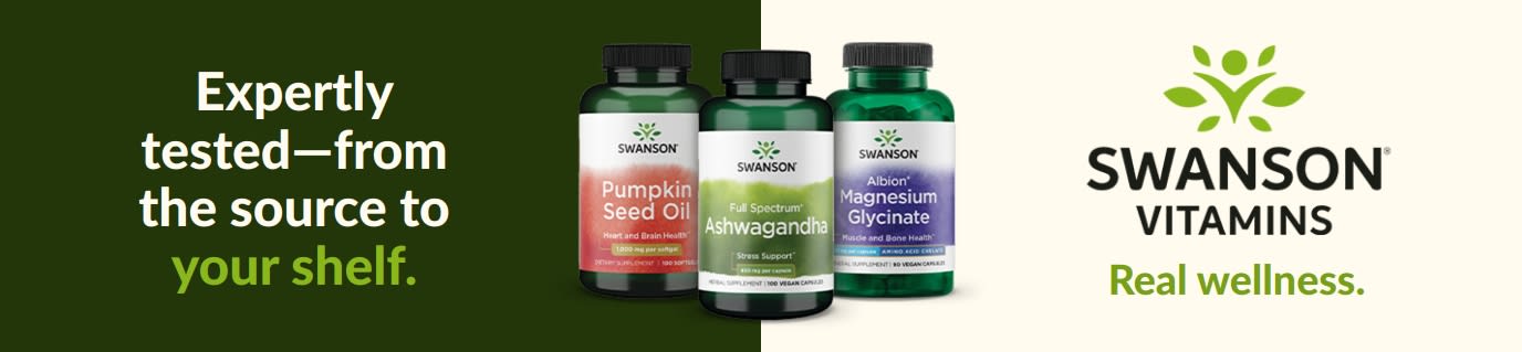 Swanson Vitamins supplements, including pumpkin seed oil, ashwagandha, and magnesium glycinate, with wellness branding.