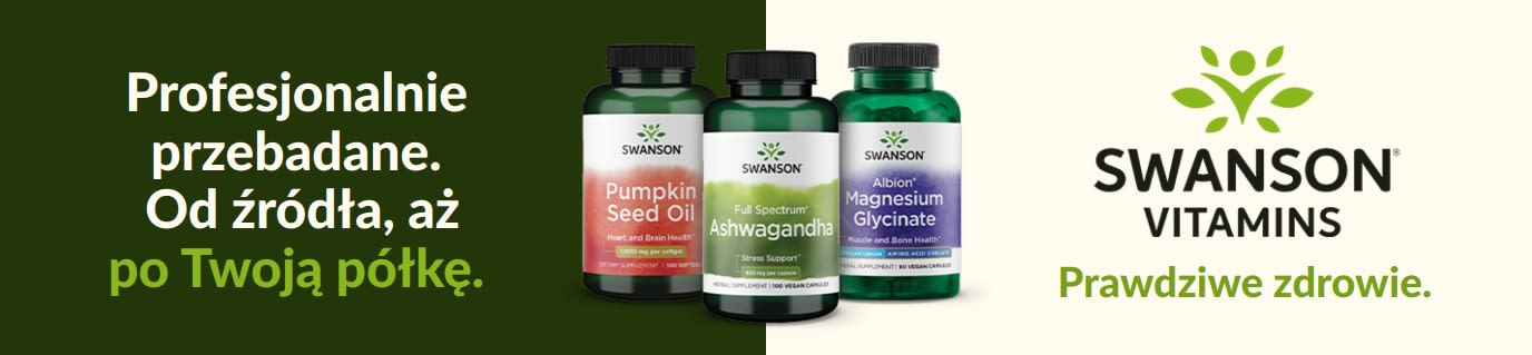 Suplementy Swanson Vitamins, w tym olej z pestek dyni, ashwagandha i glicynian magnezu, przedstawione w estetycznej oprawie marki promującej zdrowy styl życia.