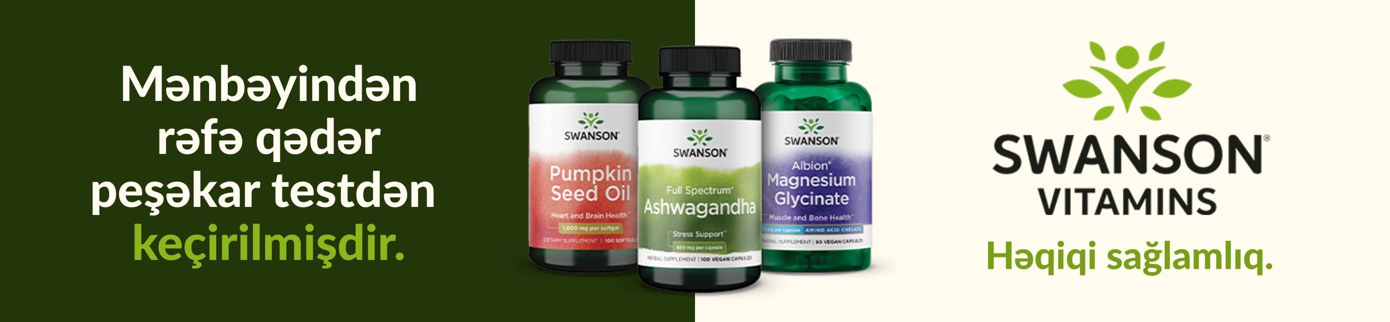 Swanson Vitamins-dən balqabaq tumu yağı, aşvaqanda və maqnezium qlisinat kimi sağlamlıq yönümlü qida əlavələri