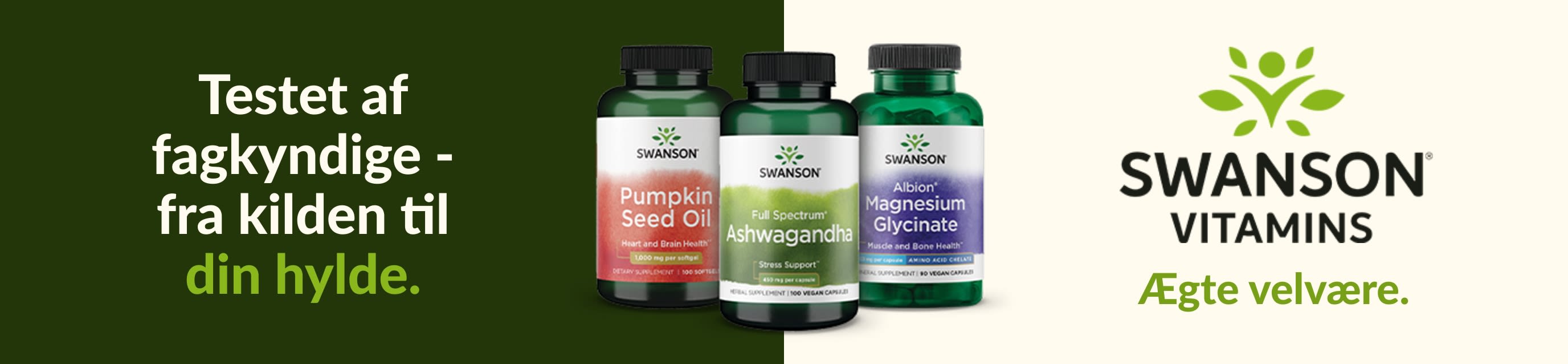 Swanson Vitamins kosttilskud, herunder græskarkerneolie, ashwagandha og magnesiumglycinat, med wellness-branding.