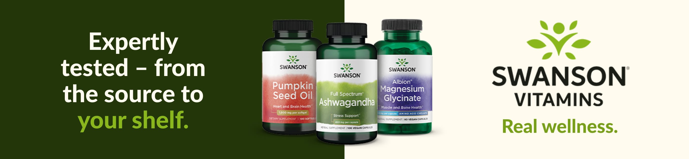 Swanson Vitamins supplements, including pumpkin seed oil, ashwagandha and magnesium glycinate, with wellness branding.