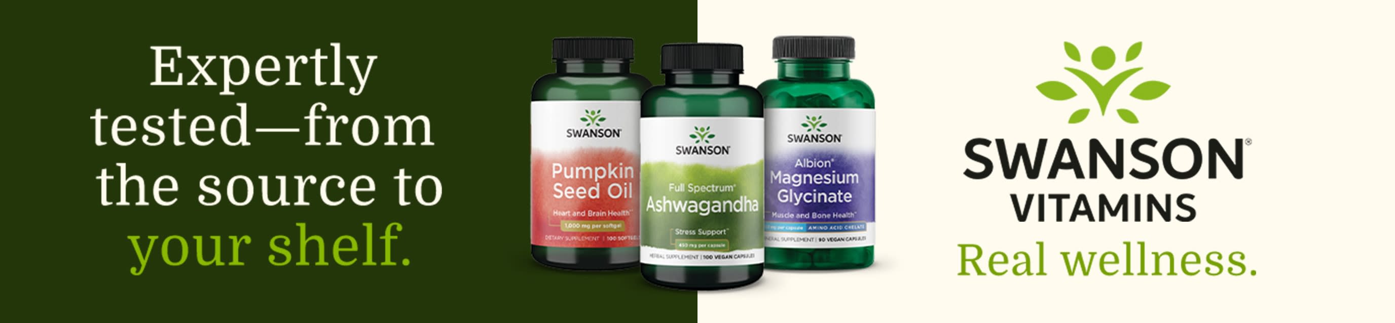 Swanson Vitamins supplements, including pumpkin seed oil, ashwagandha, and magnesium glycinate, with wellness branding.