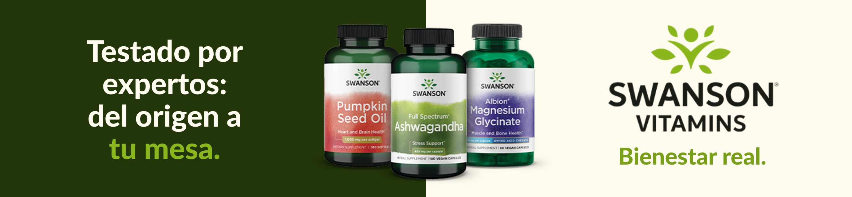 Suplementos Swanson Vitamins: aceite de semilla de calabaza, ashwagandha y glicinato de magnesio para tu bienestar.