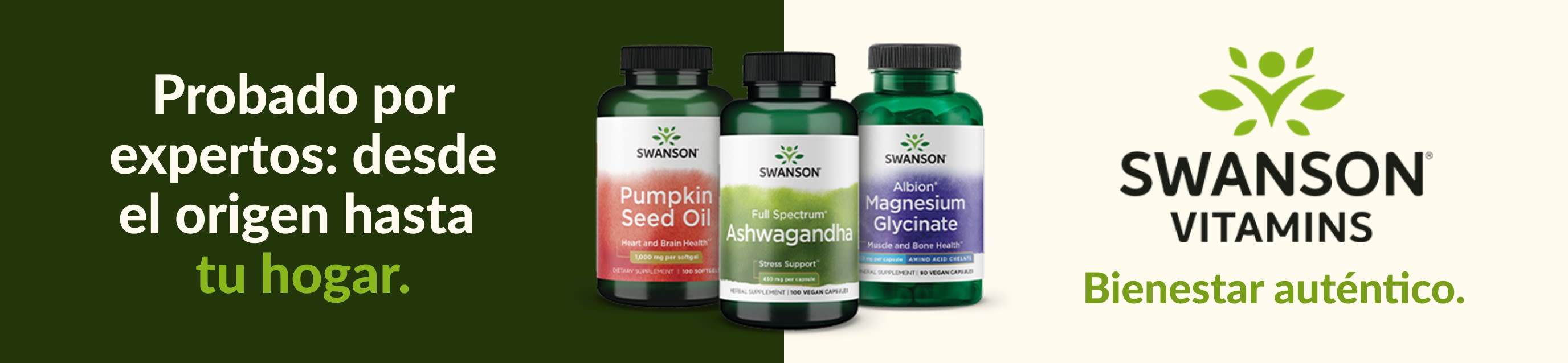 Suplementos Swanson Vitamins: aceite de semilla de calabaza, ashwagandha y glicinato de magnesio, con marca de bienestar.