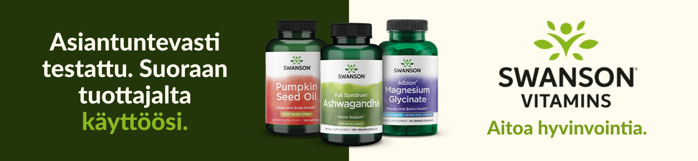 Swanson Vitamins -lisäravinteita, kuten kurpitsansiemenöljy, ashwagandha ja magnesiumglysinaatti, mainostaen hyvinvointia.