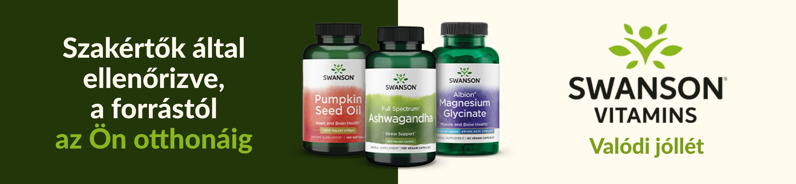 Swanson Vitamins étrend-kiegészítők, köztük tökmagolaj, ashwagandha és magnézium-glicinát, a testi-lelki jóllét jegyében.