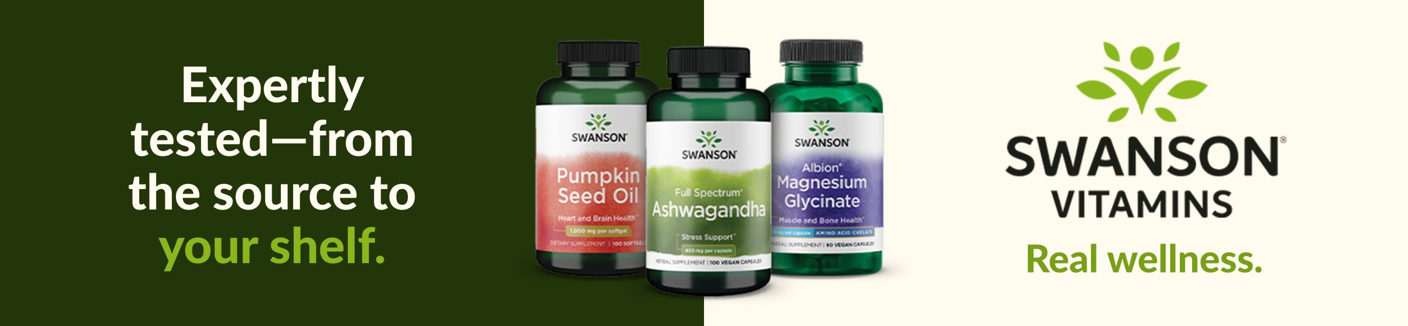 Swanson Vitamins supplements, including pumpkin seed oil, ashwagandha, and magnesium glycinate, with wellness branding.