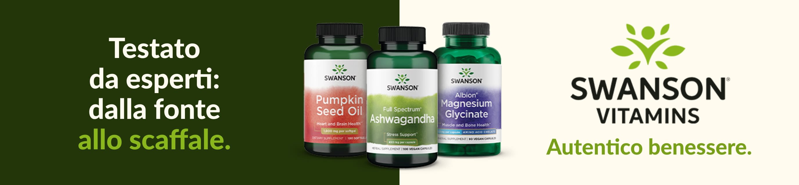 Integratori Swanson Vitamins, tra cui olio di semi di zucca, ashwagandha e glicinato di magnesio, con elementi di branding aziendale incentrati sul benessere.