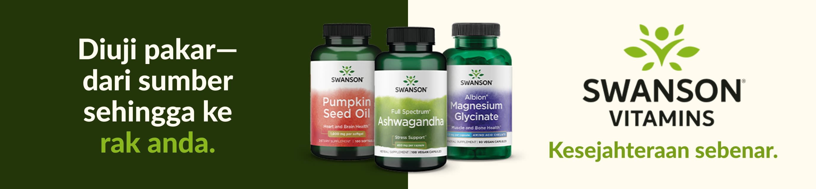 Suplemen Swanson Vitamins, termasuk minyak biji labu, ashwagandha, dan magnesium glycinate, dengan penjenamaan kesejahteraan.