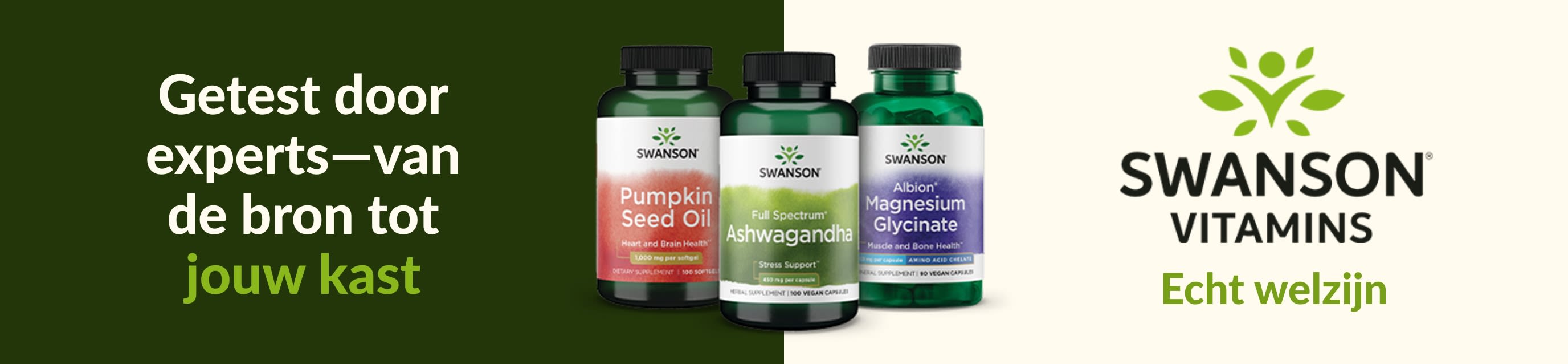De supplementen van Swanson Vitamins, waaronder pompoenpitolie, ashwagandha en magnesiumglycinaat met een merklogo.