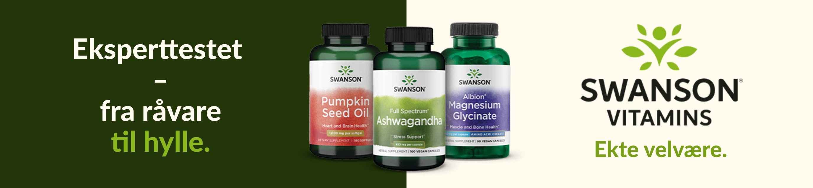 Kosttilskudd fra Swanson Vitamins, inkludert gresskarkjerneolje, ashwagandha og magnesiumglysinat, med velvære-branding.