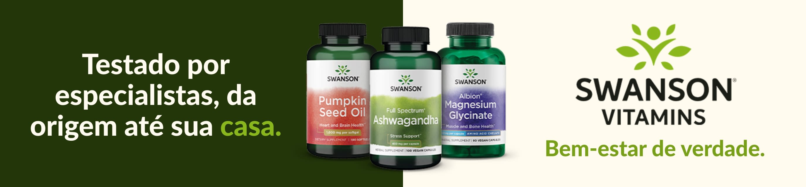 Suplementos da Swanson Vitamins, incluindo óleo de semente de abóbora, ashwagandha e glicinato de magnésio, com foco em bem-estar.