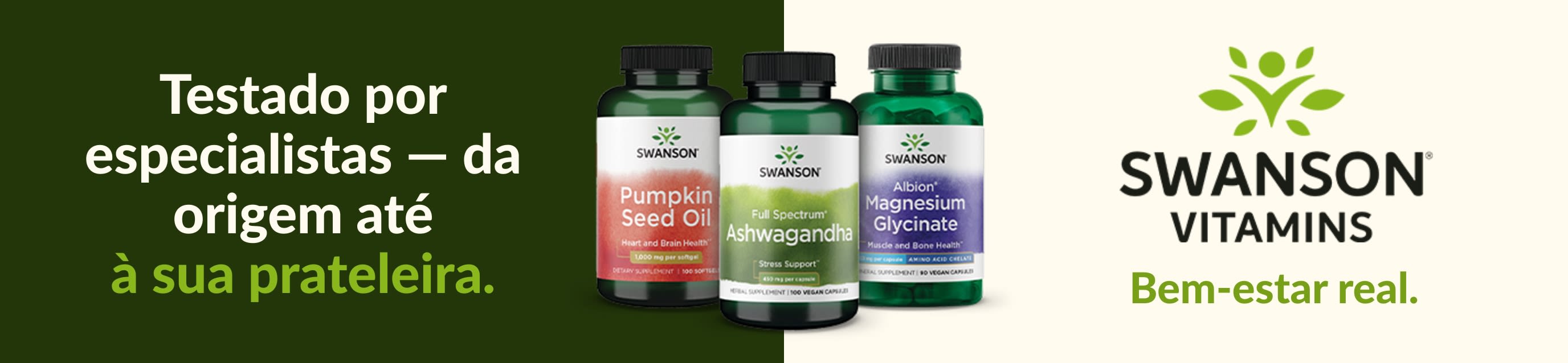 Suplementos da Swanson Vitamins, incluindo óleo de sementes de abóbora, ashwagandha, e glicinato de magnésio, com a marca de bem-estar.