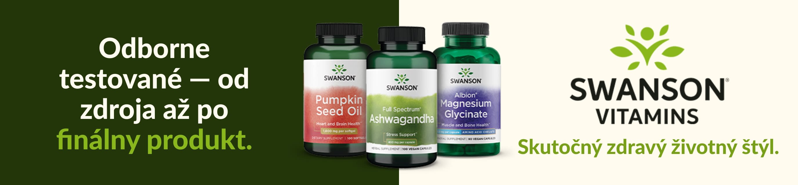 Doplnky Swanson Vitamins vrátane oleja z tekvicových semiačok, ašvagandy a magnézium glycinátu, značka zameraná na wellness.