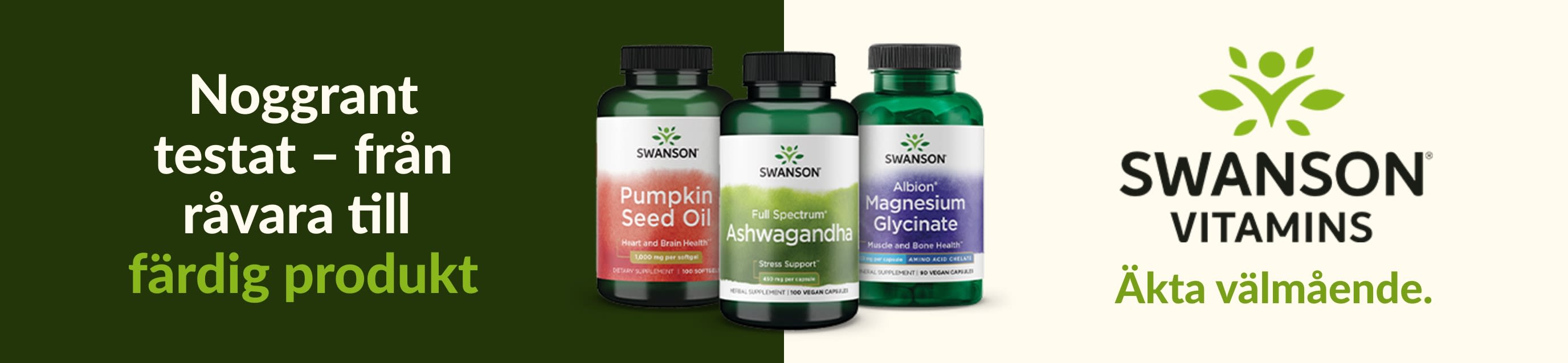 Swanson vitamintillskott, med pumpafröolja, ashwagandha och magnesiumglycinat, med inriktning på välmående.